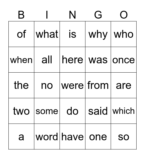 1st Grade Tricky Word BINGO Card