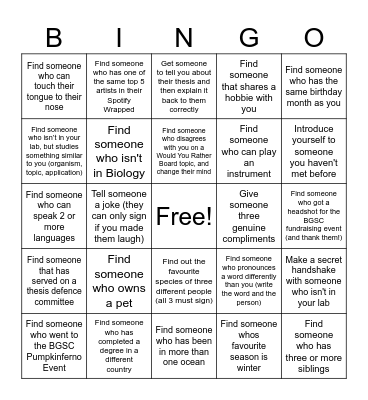 BGSC Holiday Party Social Bingo - Get someone to sign the box that applies to them until you have three bingo lines! You can’t use the same person twice. When you have completed, bring this to Shay or Jihyun for a chance to win a prize!! Bingo Card