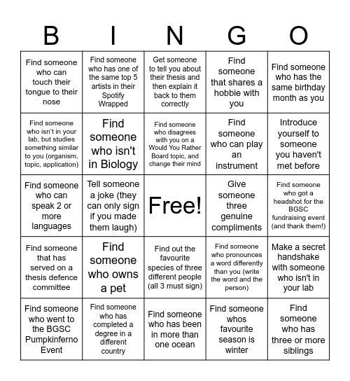 BGSC Holiday Party Social Bingo - Get someone to sign the box that applies to them until you have three bingo lines! You can’t use the same person twice. When you have completed, bring this to Shay or Jihyun for a chance to win a prize!! Bingo Card