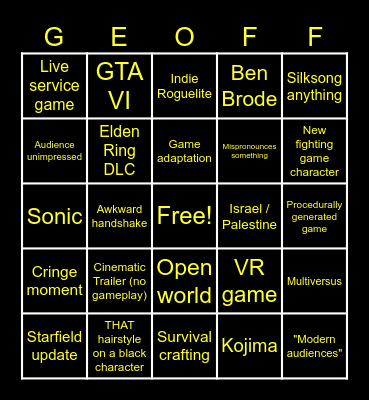GAME AWARDS 2023 BINGO Card
