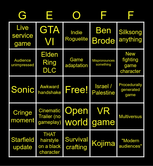 GAME AWARDS 2023 BINGO Card