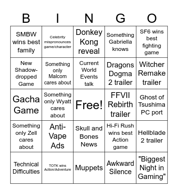 The Game Awards 2023 Bingo Card