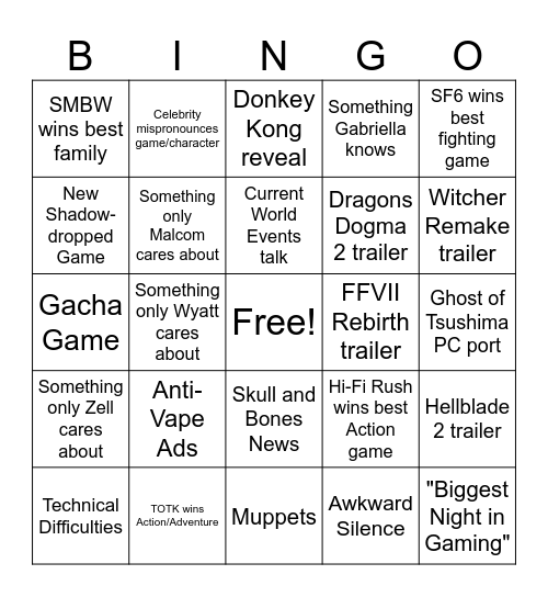 The Game Awards 2023 Bingo Card