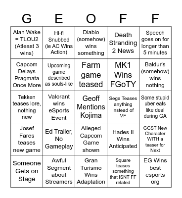 Game Awards 2023 Bingo Card