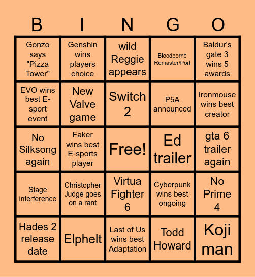 Game Awards Bingo Card