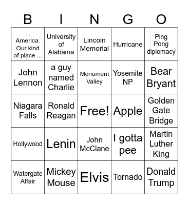 Forrest Gump Bingo Card