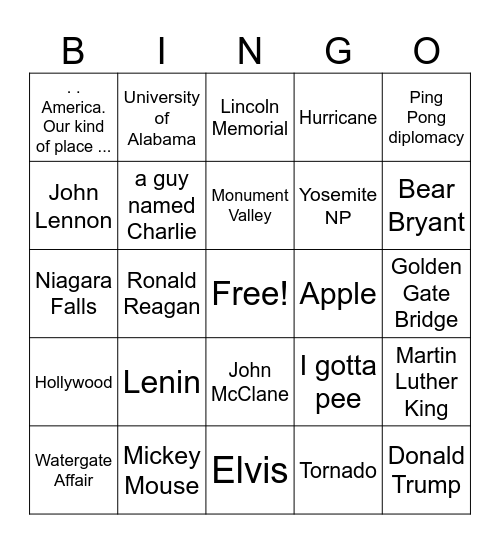 Forrest Gump Bingo Card