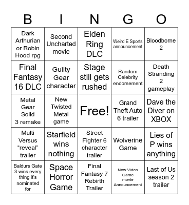 Game Awards 2023 Bingo Card