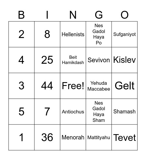 CHANUKAH Bingo Card