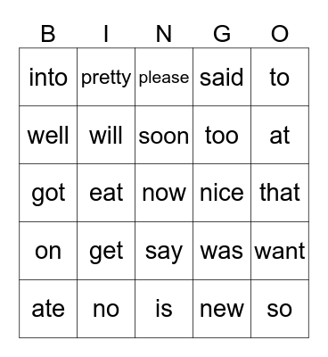 Sight Words KG Bingo Card