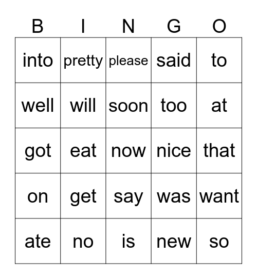 Sight Words KG Bingo Card