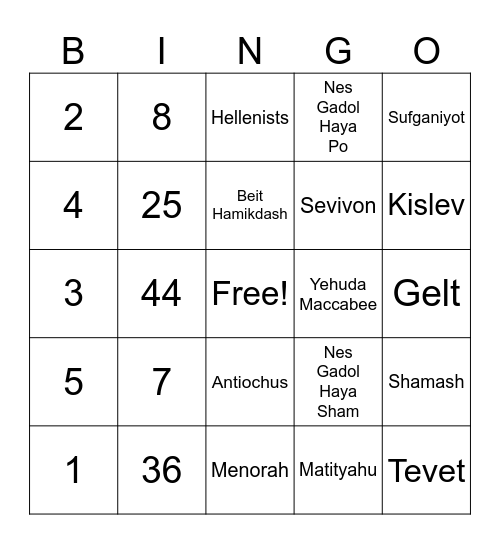 CHANUKAH Bingo Card