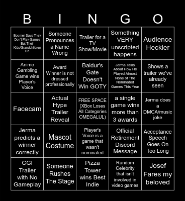 Game Awards 2023 Bingo Card