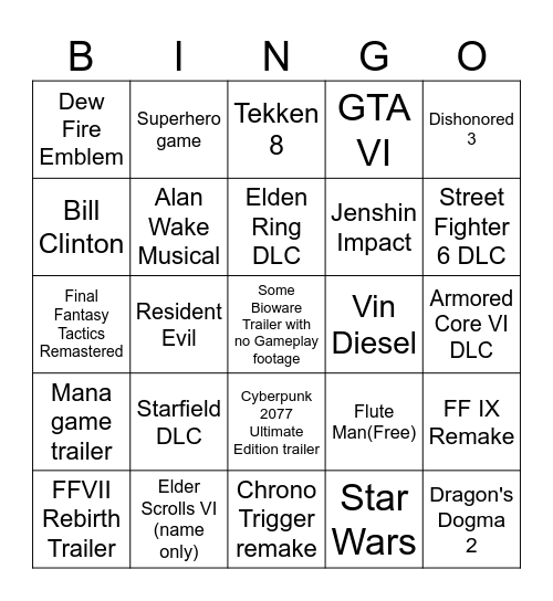 TGA 2023 Bingo Card