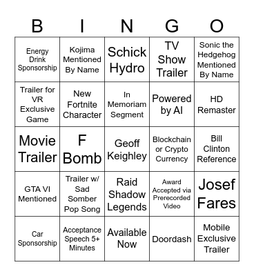 Game Awards 2023 Bingo Card