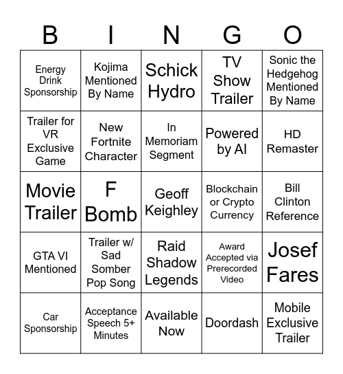 Game Awards 2023 Bingo Card