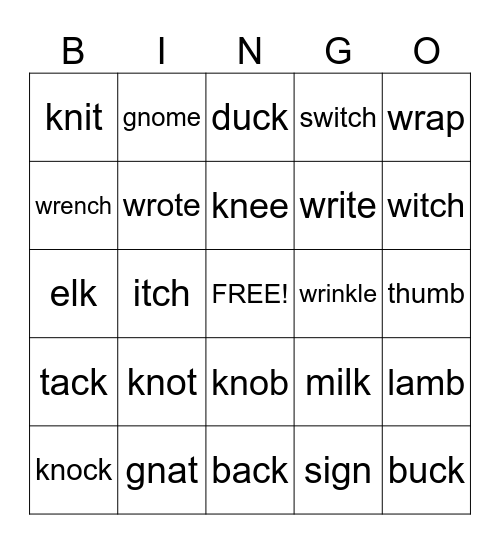 Silent Letter Bingo Card