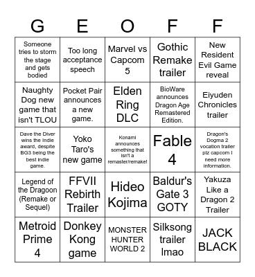 Game Awards 2023 Bingo Card