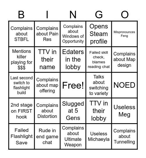 DBD Streamer Bingo Card Bingo Card