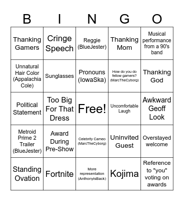 The Game Awards Bingo Card