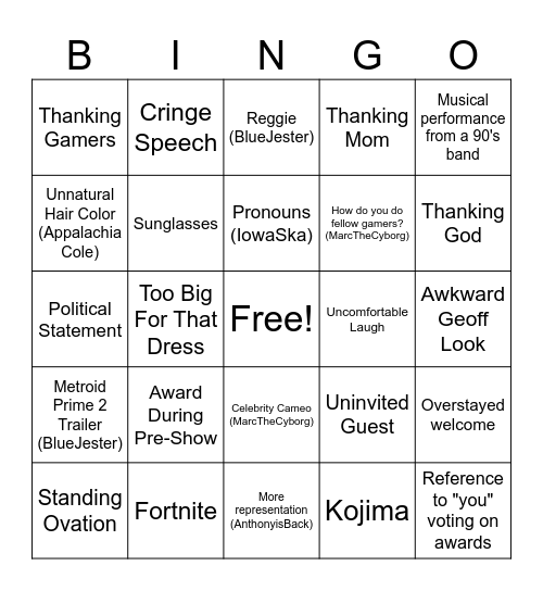 The Game Awards Bingo Card