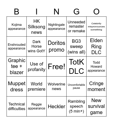 Jebstar’s The Game Awards Bingo Card