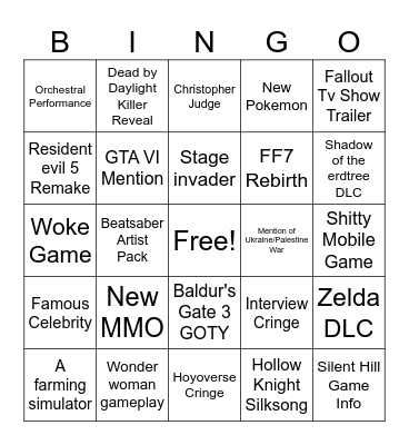Zac Game Awards Bingo Card