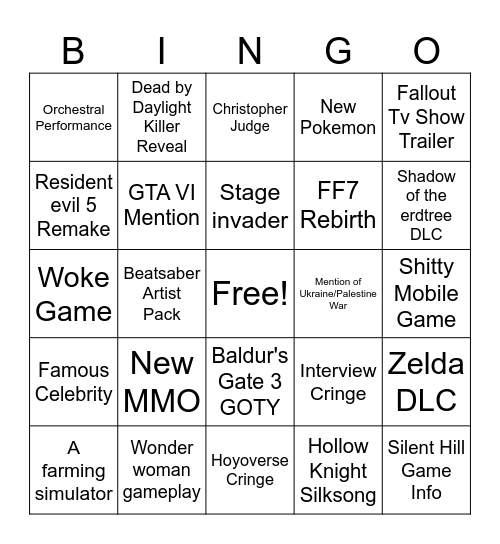 Zac Game Awards Bingo Card