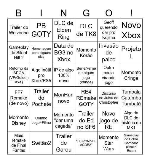 Bingão da TGA Bingo Card