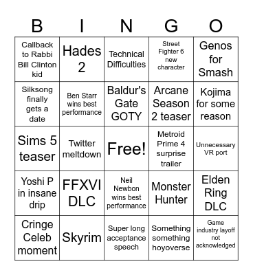 Video Game Awards 2023 Bingo Card