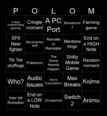 The Game Awards Bingo Card