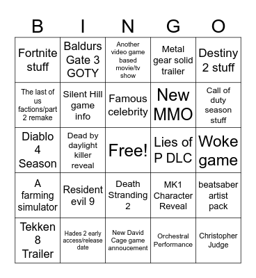 Callum Game Awards Bingo Card