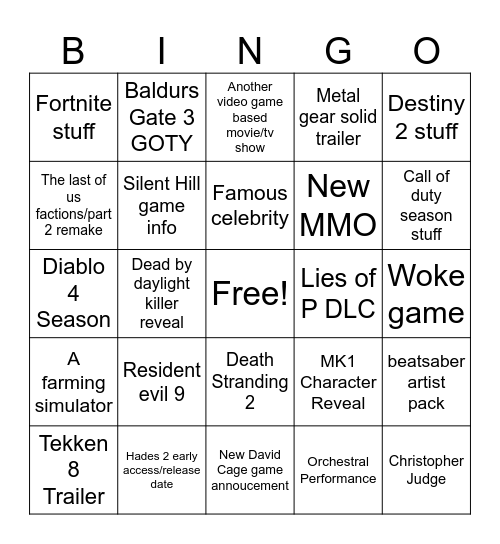 Callum Game Awards Bingo Card