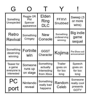 TGA 2023 BINGO Card