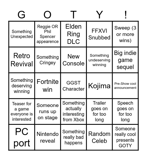 TGA 2023 BINGO Card