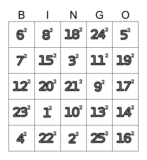 Squared Numbers Bingo Card