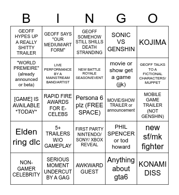 The Game Awards 2023 Bingo Card