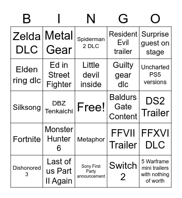 TGA 2023 Bingo Card