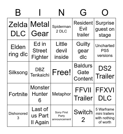 TGA 2023 Bingo Card