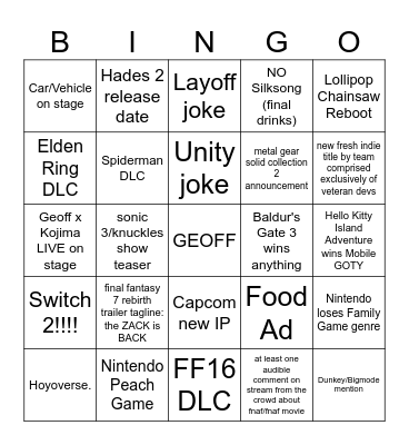 game awards 2023 but bad Bingo Card