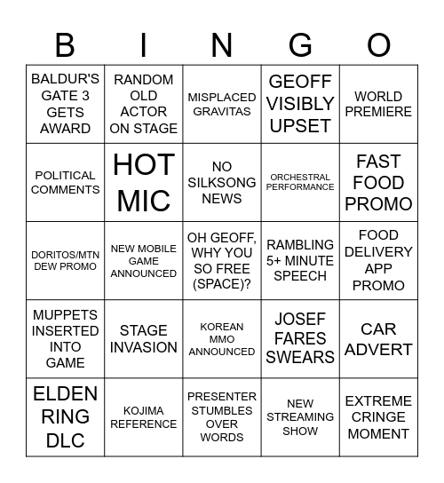 TGAs 2023 Bingo Card