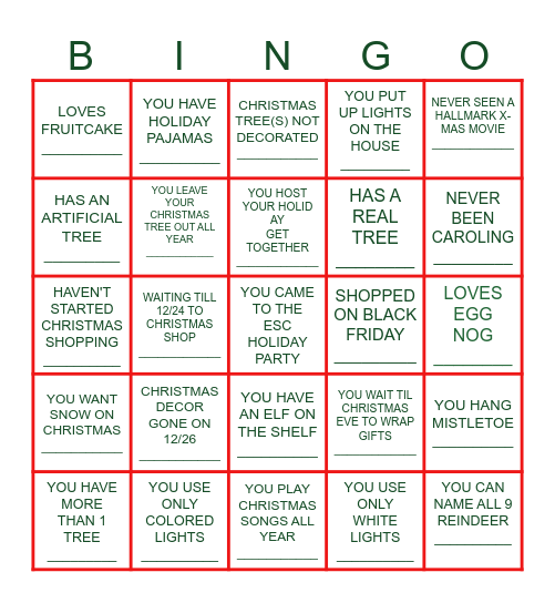 ESC STAFF HOLIDAY BINGO Card