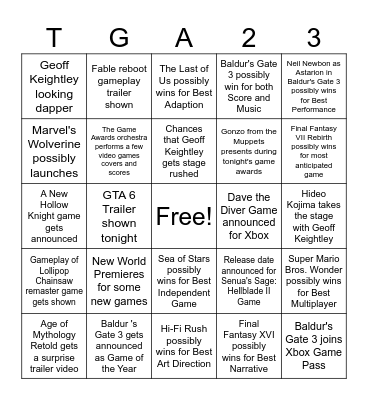 The Game Awards 2023 Bingo Card