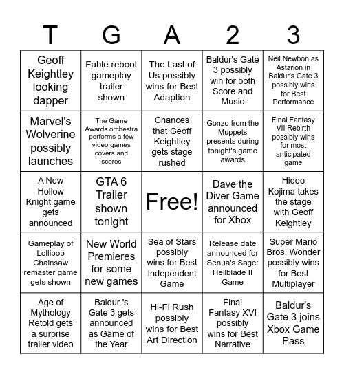 The Game Awards 2023 Bingo Card