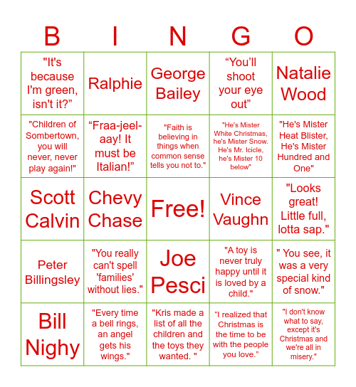 Christmas Movie Bingo Card