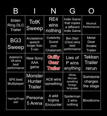 2023 Game Awards Bingo Card Bingo Card