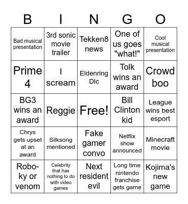 Game Awards 2023 Bingo Card