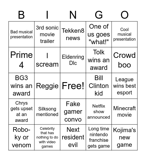 Game Awards 2023 Bingo Card