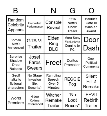 Video Game Awards 2023 (Fitz) Bingo Card