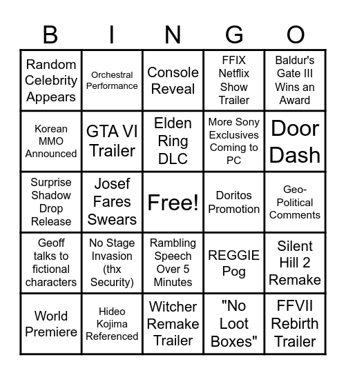 Video Game Awards 2023 (Fitz) Bingo Card